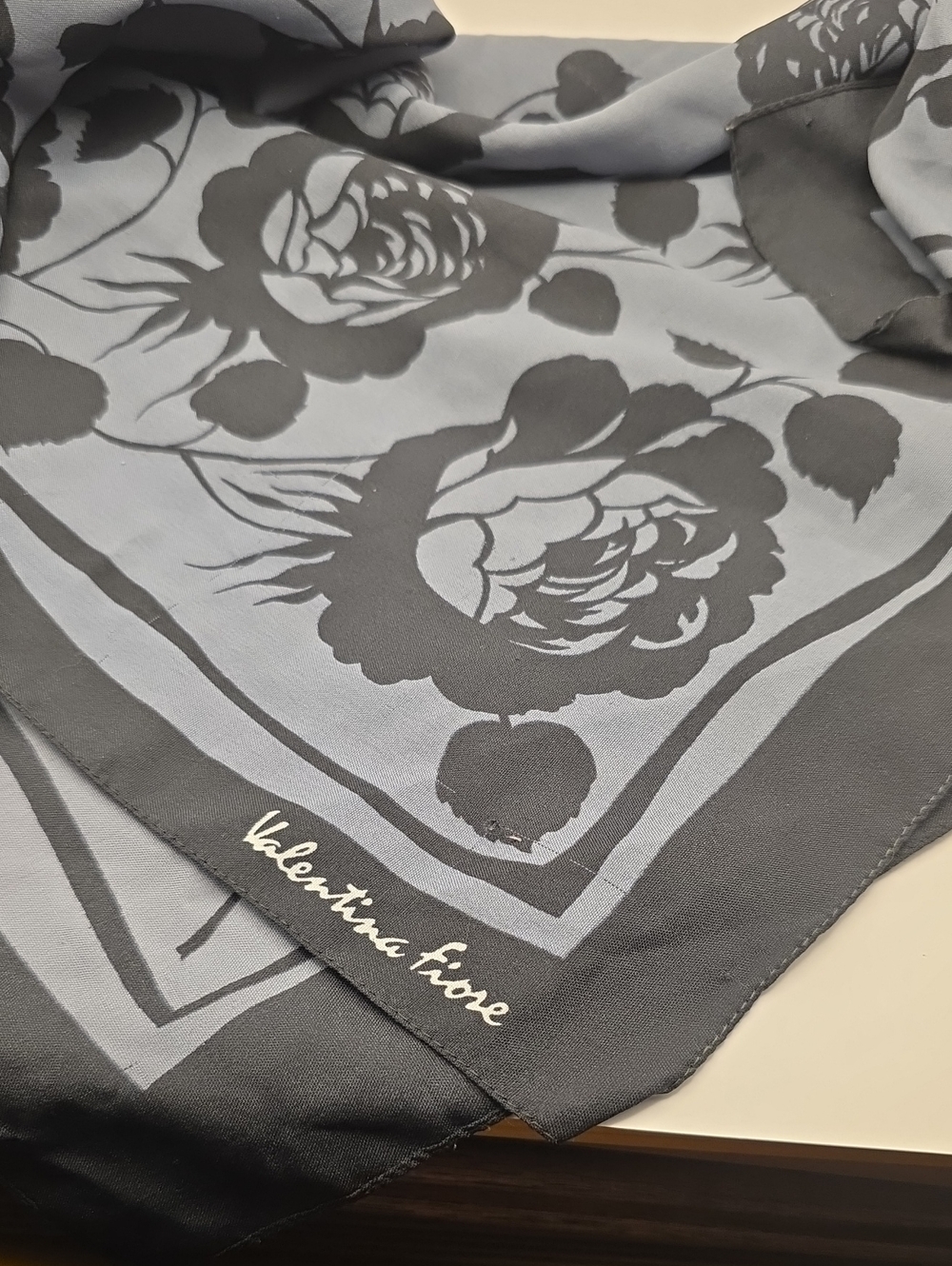 Valentino Fiore Floral Silk Scarf in Charcoal & Light Gray